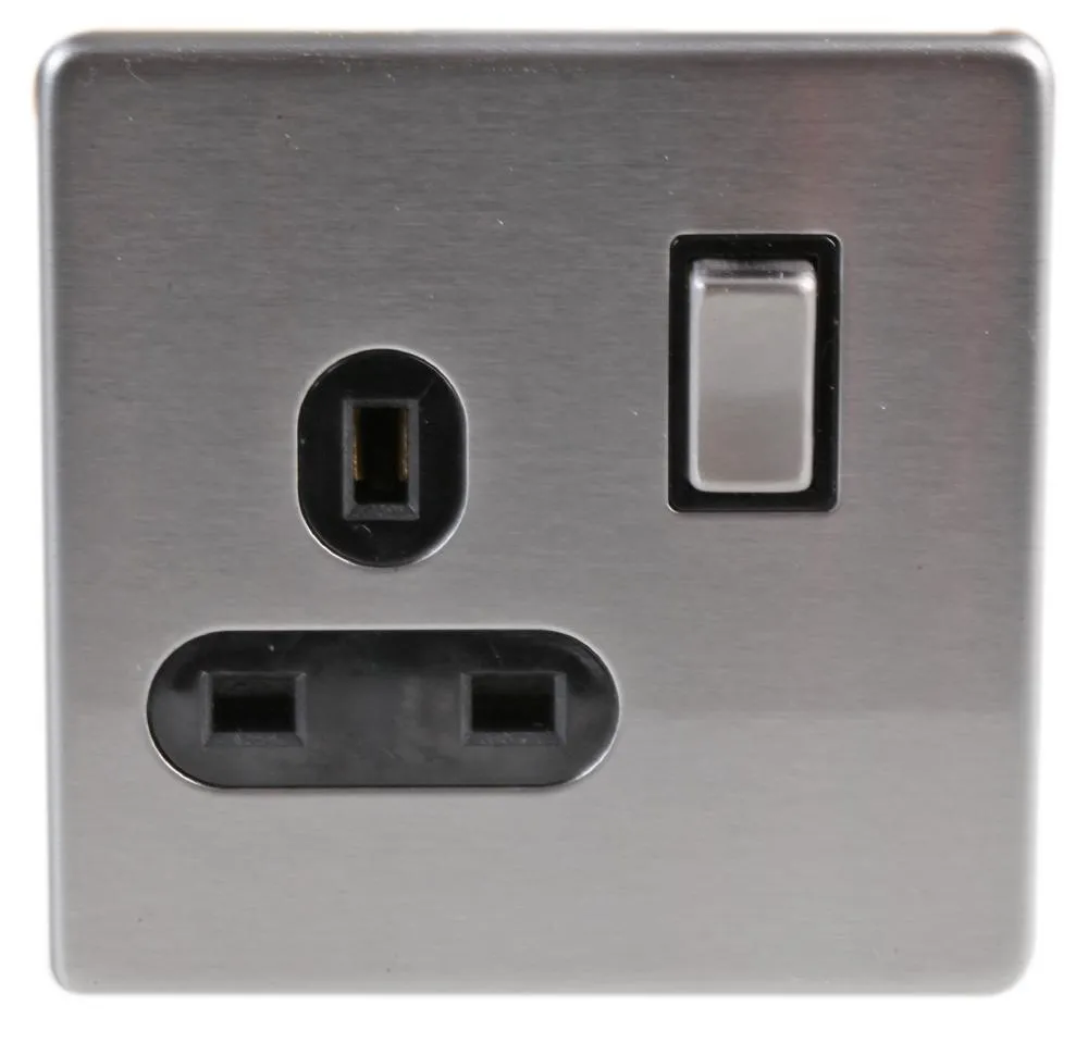 PRO ELEC 1 Gang Screwless Switched Socket, 13A, Stainless Steel