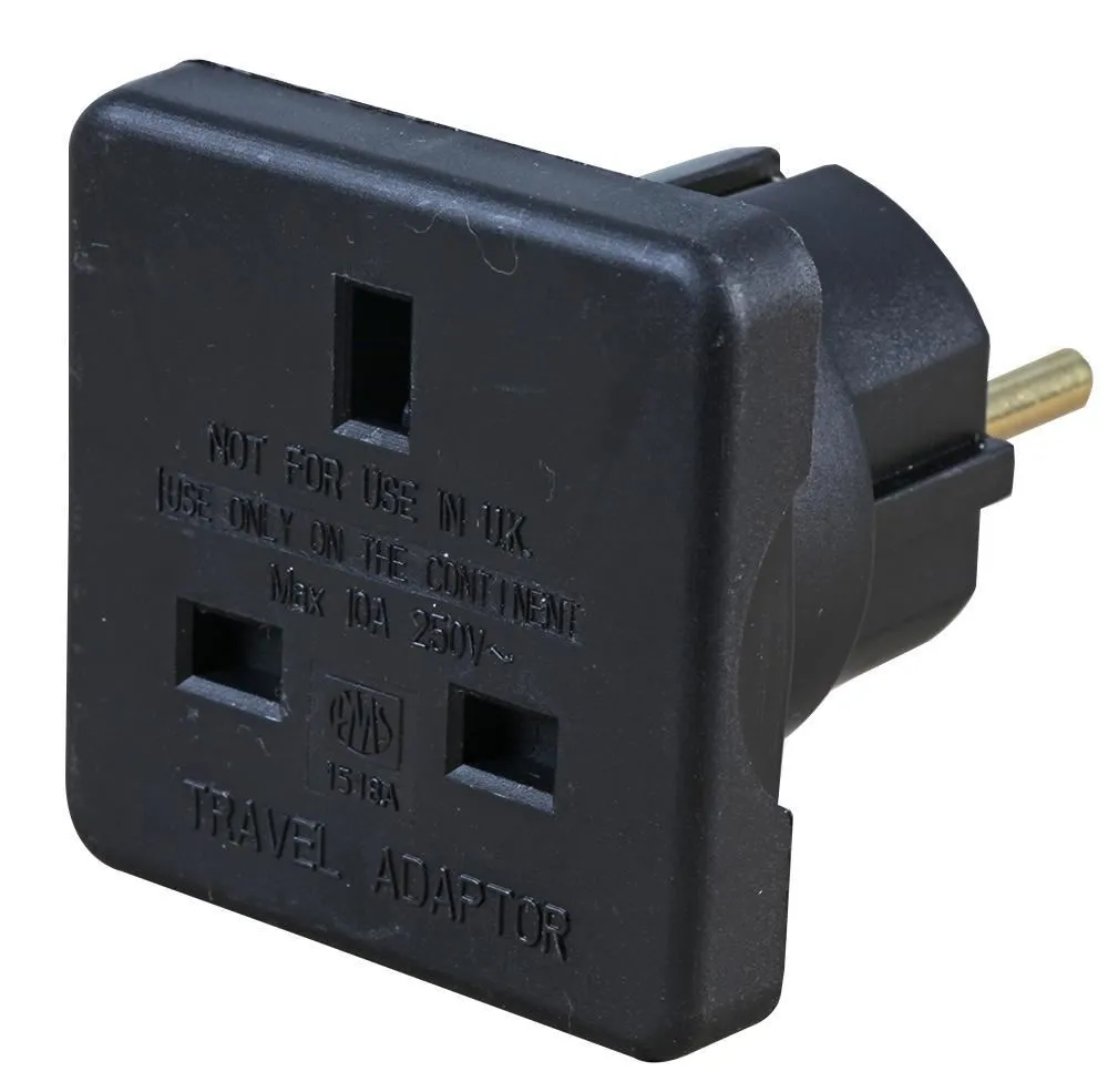PRO ELEC UK to Europe Travel Adaptor, 250V 10A, Black