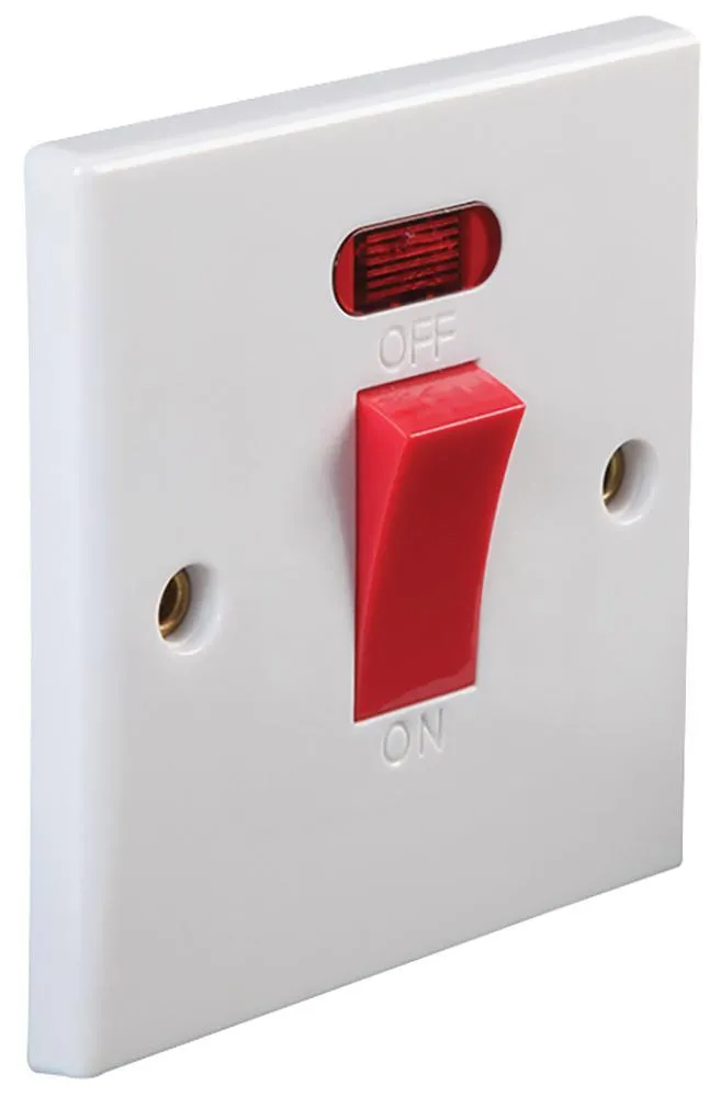PRO ELEC 1-Gang DP Wall Switch, Neon Indicator, 45A, White, 86x86mm