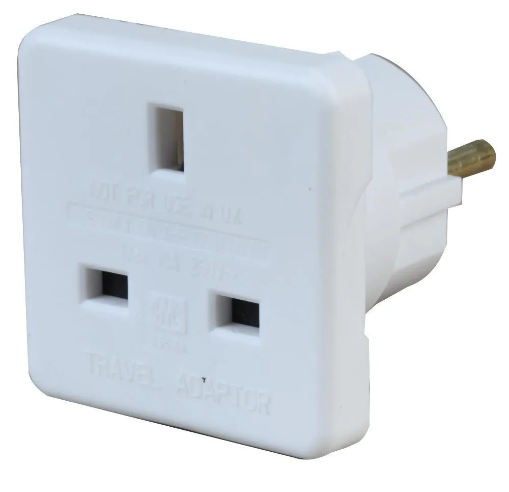 PRO ELEC UK to Europe Travel Adaptor, 10A, White