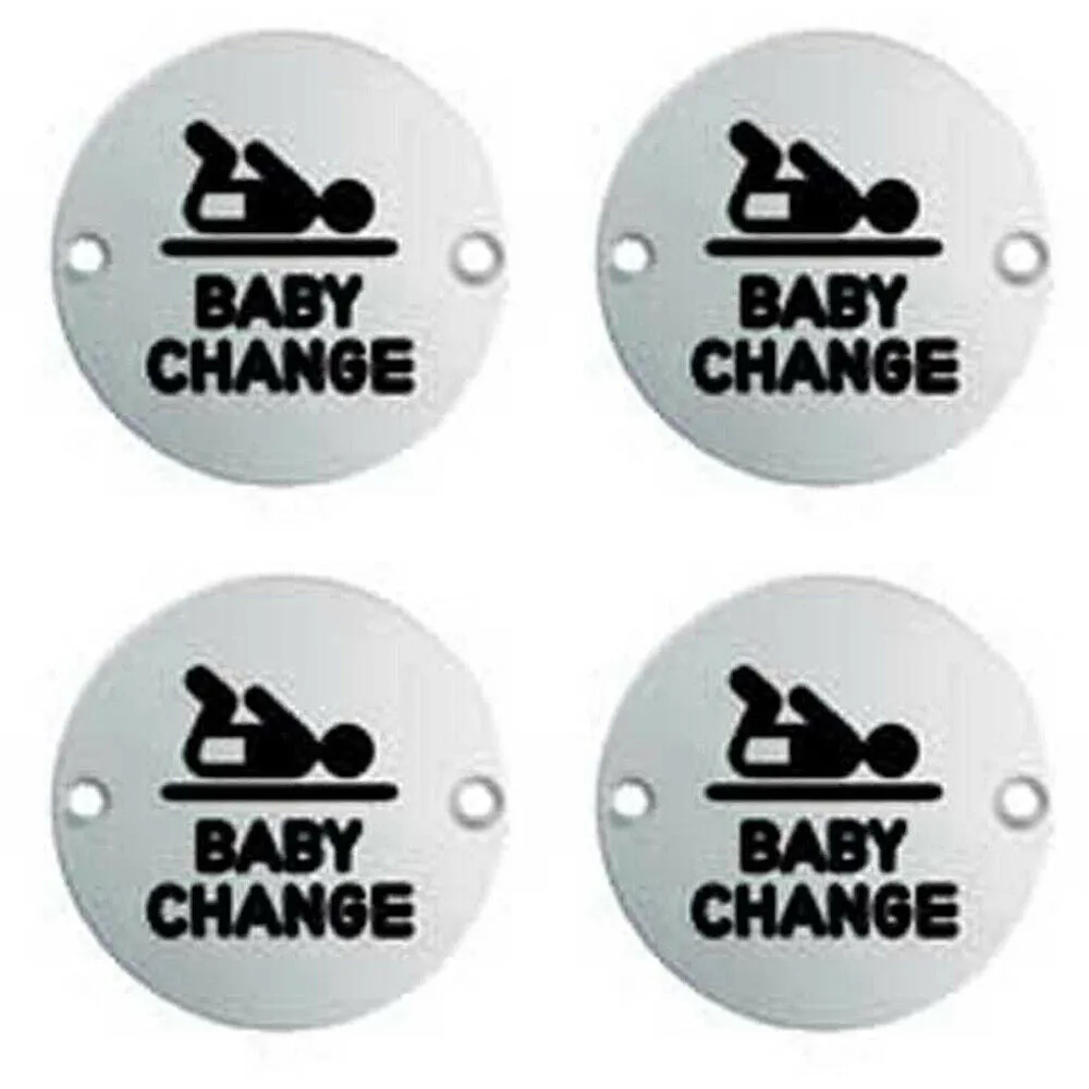 4x Bathroom Door Baby Change Sign 64mm Fixing Centres 76mm Dia Polished Steel