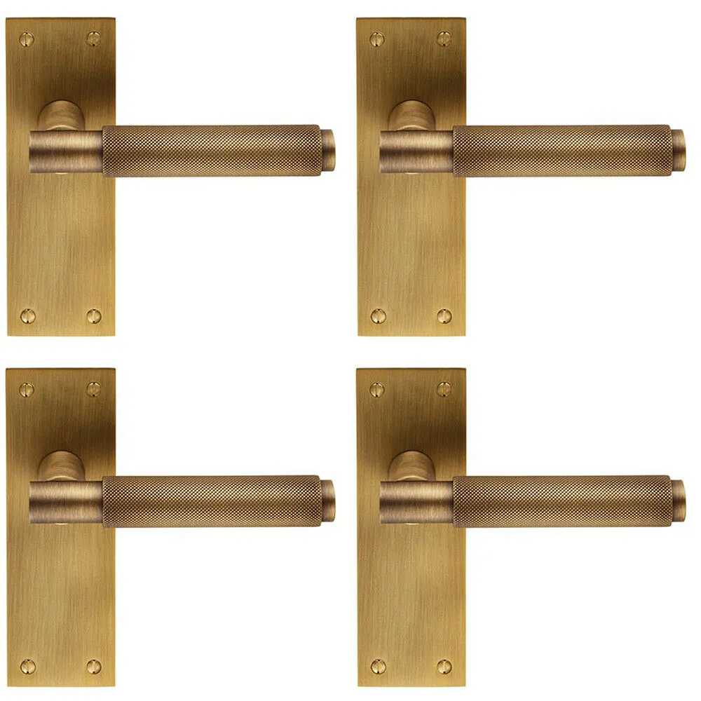 4x PAIR Knurled Round Handle on Slim Latch Backplate 150 x 50mm Antique Brass