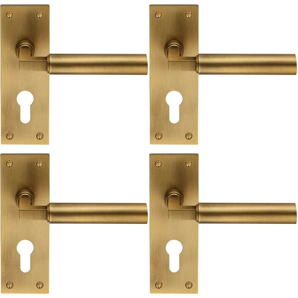4x PAIR Round Bar Handle on Slim Euro Lock Backplate 150 x 50mm Antique Brass
